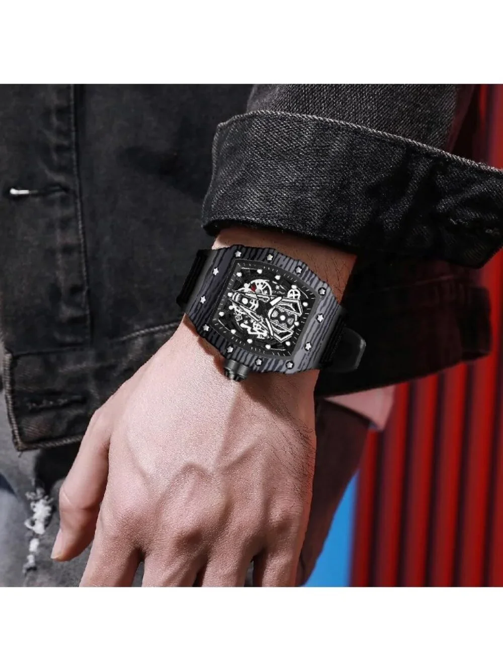 Men's All Black Analog Quartz Silicone Strap Barrel-Shaped Skeleton Luxury Watch